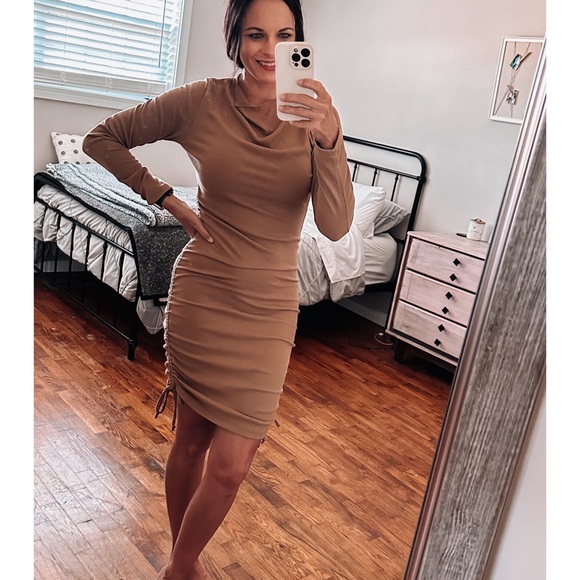 vici mocha ribbed ruched sides dress - Picture 1 of 7